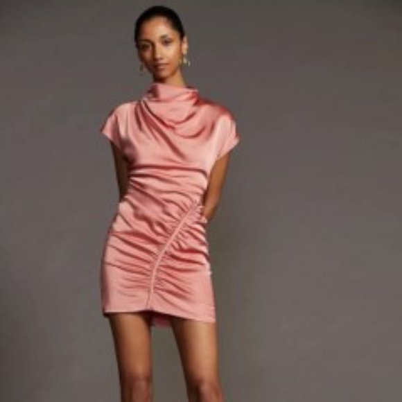 COPY - (NWT) Anthropologie Ruched Asymmetrical Mini Dress Coral Size 6 - Picture 2 of 15